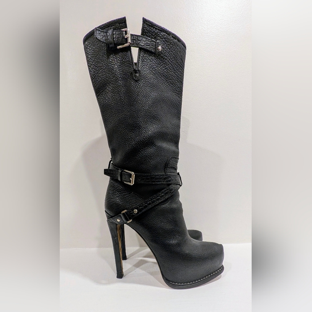 Dior Vintage Black Pebbled Leather High Heeled Boots